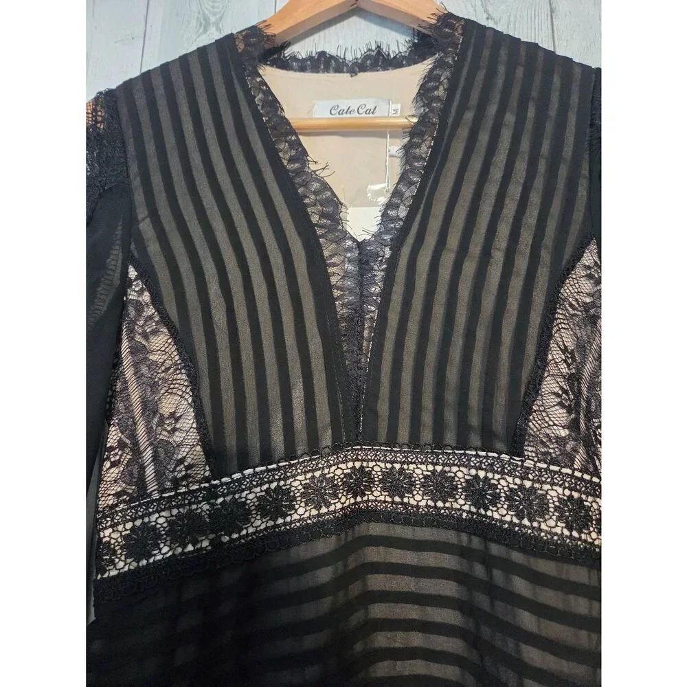 Cate Cat Midi Whimsygoth Illusion Chiffon Lace Poet Bishop Sleeve Dress Sz. M - Picture 10 of 11
